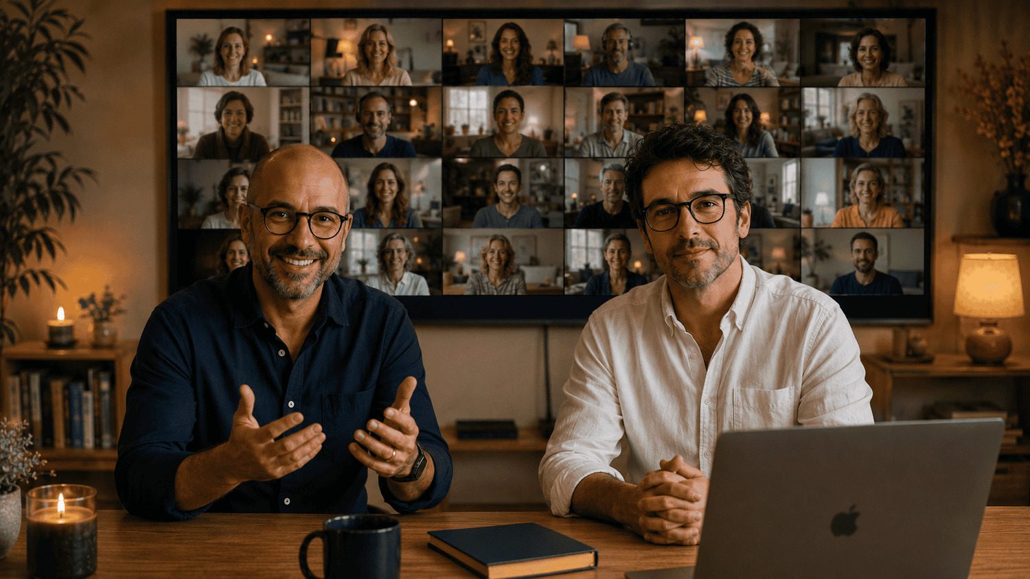 Pedro e Rodrigo a conduzir um workshop online do Contrato Cósmico